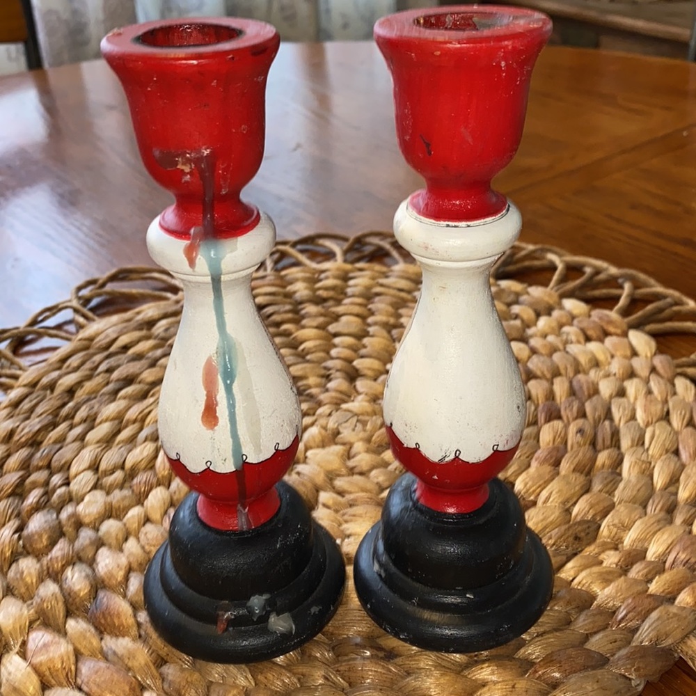 Santa Claus Hand Tole Painted Whimsical Wooden Candle Holders Christmas Vintage - Picture 2 of 5